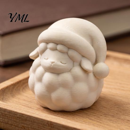Cute Lamb Desktop Ornaments 3D Printed Good Night Sheep Figurine, Sleepy Statue with White Animal Figurines Santa Hat, DIY Paintable Decor Ornament