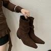 Винтажные плиссированные женские ботильоны до щиколотки Осень Зима Острый носок Узкие короткие ботильоны Модная обувь на квадратном каблуке