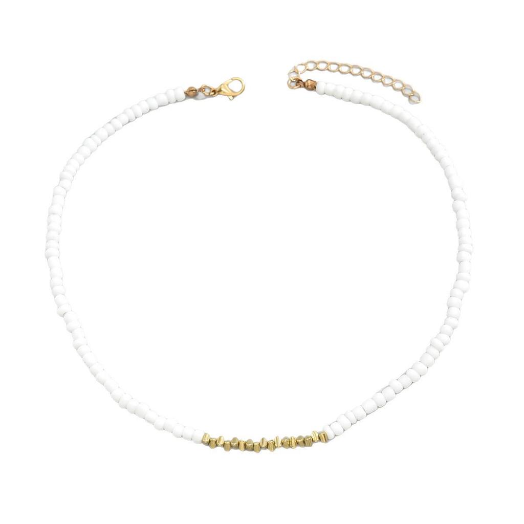 Versatile Women's High-End Glass Necklace: Seed Bead & Metal Bar Chain, Short Style