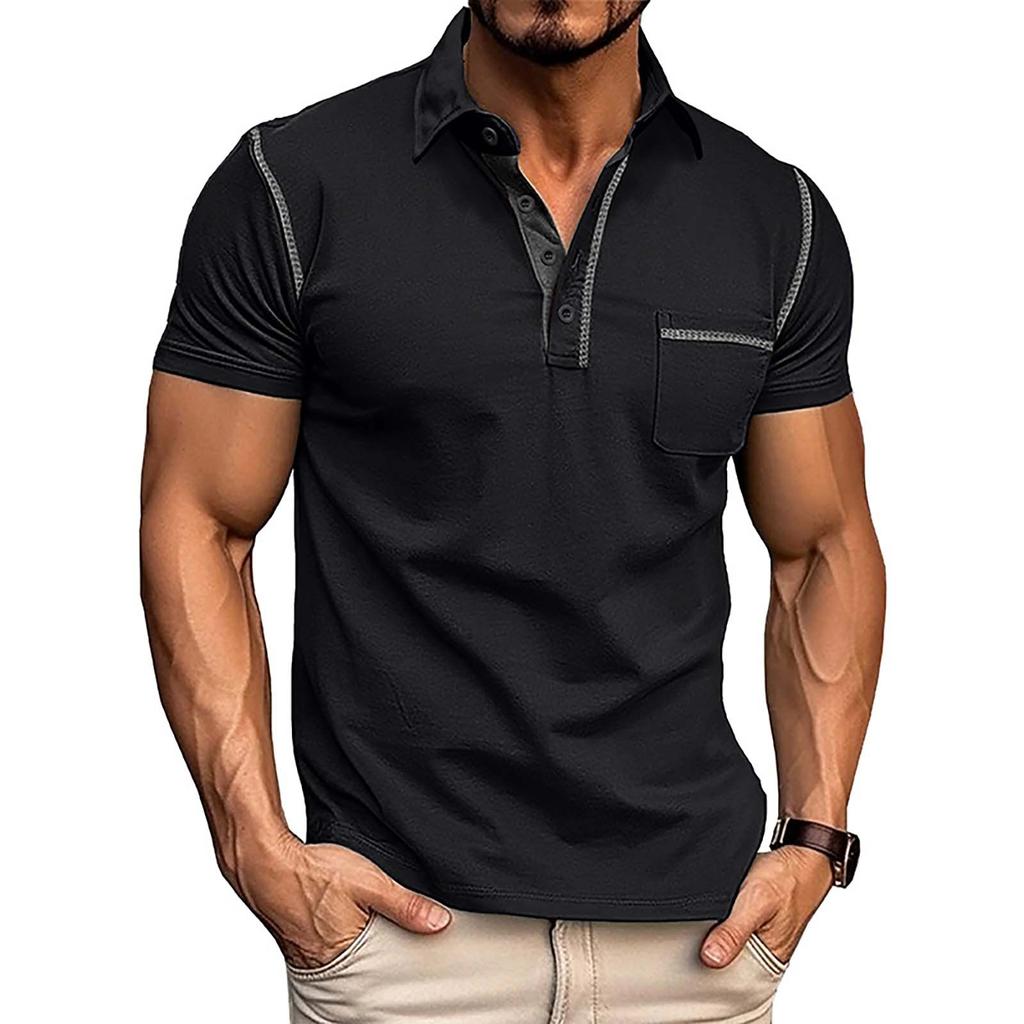 Summer European And American Men's Short Sleeved Men's Lapel T-shirt Color Blocking Top
