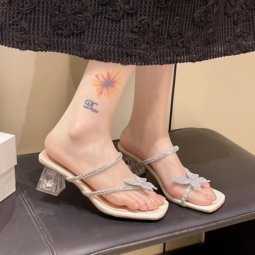 Luxury Glitter Butterfly Decoration Slip On Sandals Women 2025 Summer Square Toe Medium Heel Slides Clear Heel Slippers