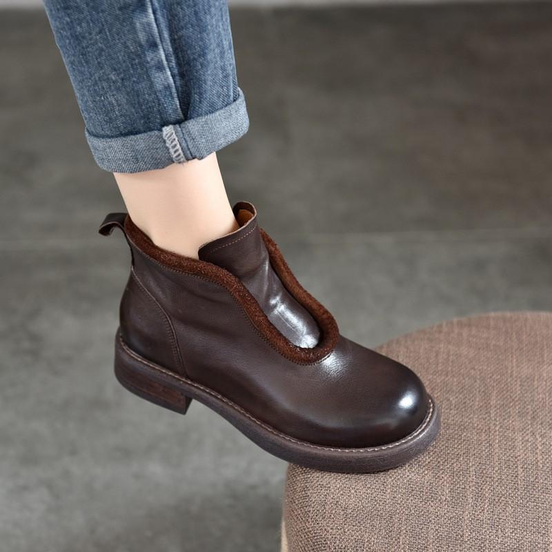 Johnature Винтажные короткие ботинки из натуральной кожи с круглым носком и боковой молнией, универсальная женская обувь