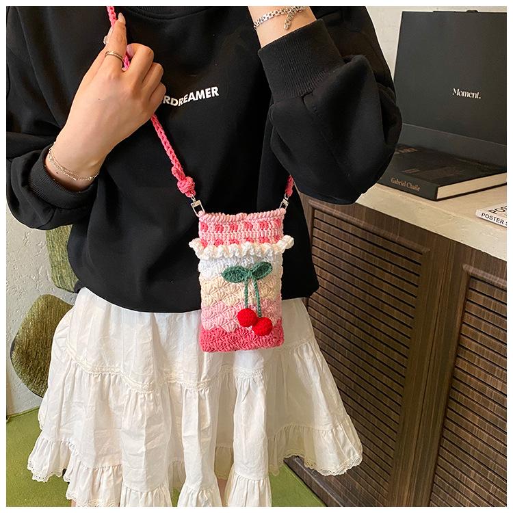 Handmade Crochet Cherry Phone Bag, Cute Pastel Knitted Crossbody Purse For Girls, Mini Drawstring Single Shoulder Pouch