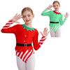 Girls Christmas Dance Leotard Long Sleeve Stripes with Brass Bells Belt Gymnastic Bodysuit Costume