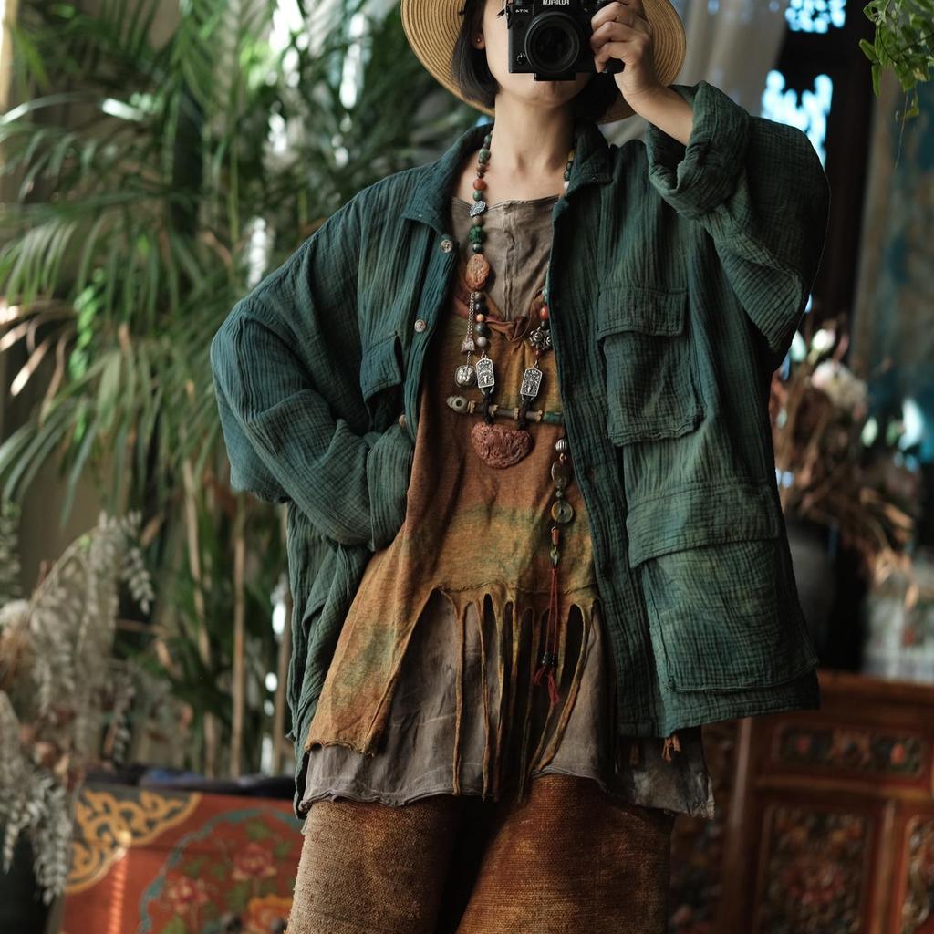 Древний грязно-зеленый хлопково-льняной пиджак в китайском стиле, ретро, с лацканами