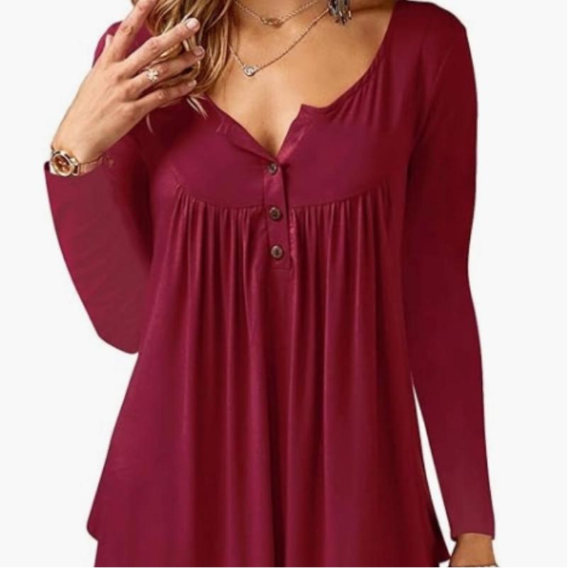 Женская футболка с V-образным вырезом, пуговицами, плиссировкой и длинными рукавами, свободный топ