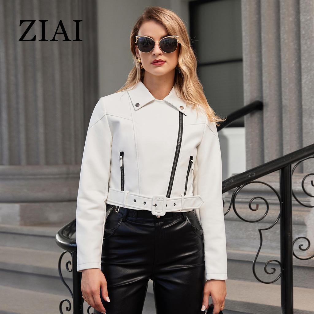 ziai Короткая куртка из искусственной кожи для женщин с косой молнией и лацканами, свободный водонепроницаемый плащ, модное уличное пальто из искусственной кожи ZP-23812