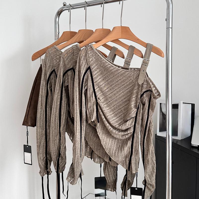 Autumn Woman Irregular Design Jerseys Gyaru Long Sleeve Cropped Tops Slash Neck Pullovers Y2k Streetwear 2000s Aesthetic Vintage