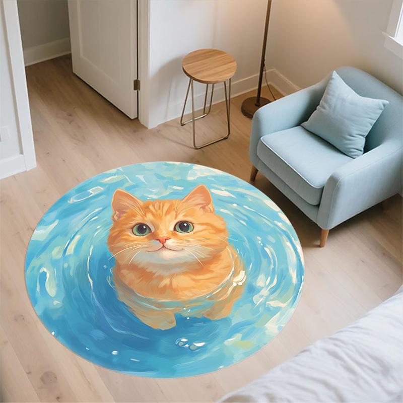 Кошка с рябью на воде, Круглый ковер, Ковер для гостиной, спальни, дивана, игровой комнаты, Декор, Нескользящий коврик для пола