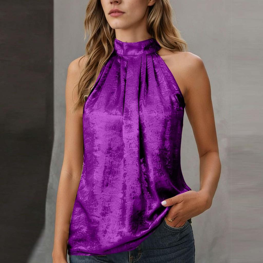 Женские Модные Вечерние Блузки Плиссированная Блузка с Воротником-стойкой Майки Без Рукавов