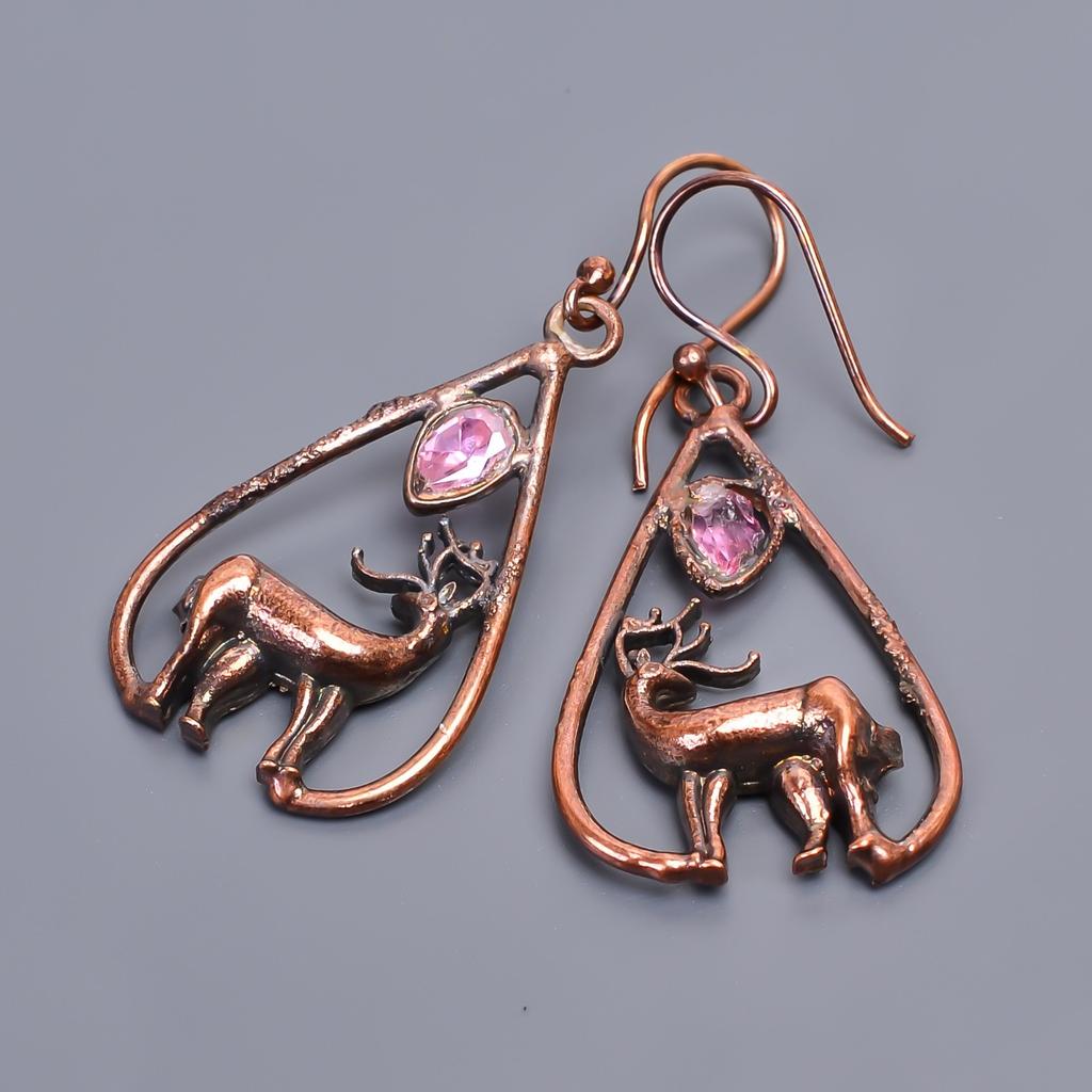 Fancy Pink Amethyst Stone Copper Electroformed Hook Drop Dangle Artisan Earrings V-48