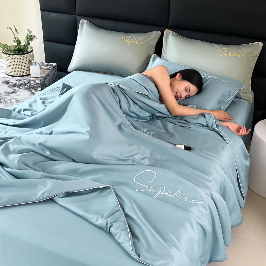 Новое простое атласное шелковистое летнее охлаждающее одеяло Супермягкое дышащее одеяло для постельных принадлежностей Стираное Вышитое Одеяло-кондиционер