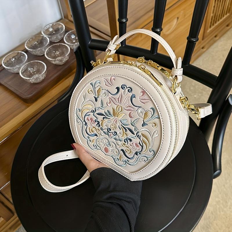 Круглая сумка через плечо с винтажной вышивкой, сумка на молнии, классическая трендовая нишевая сумка-саквояж