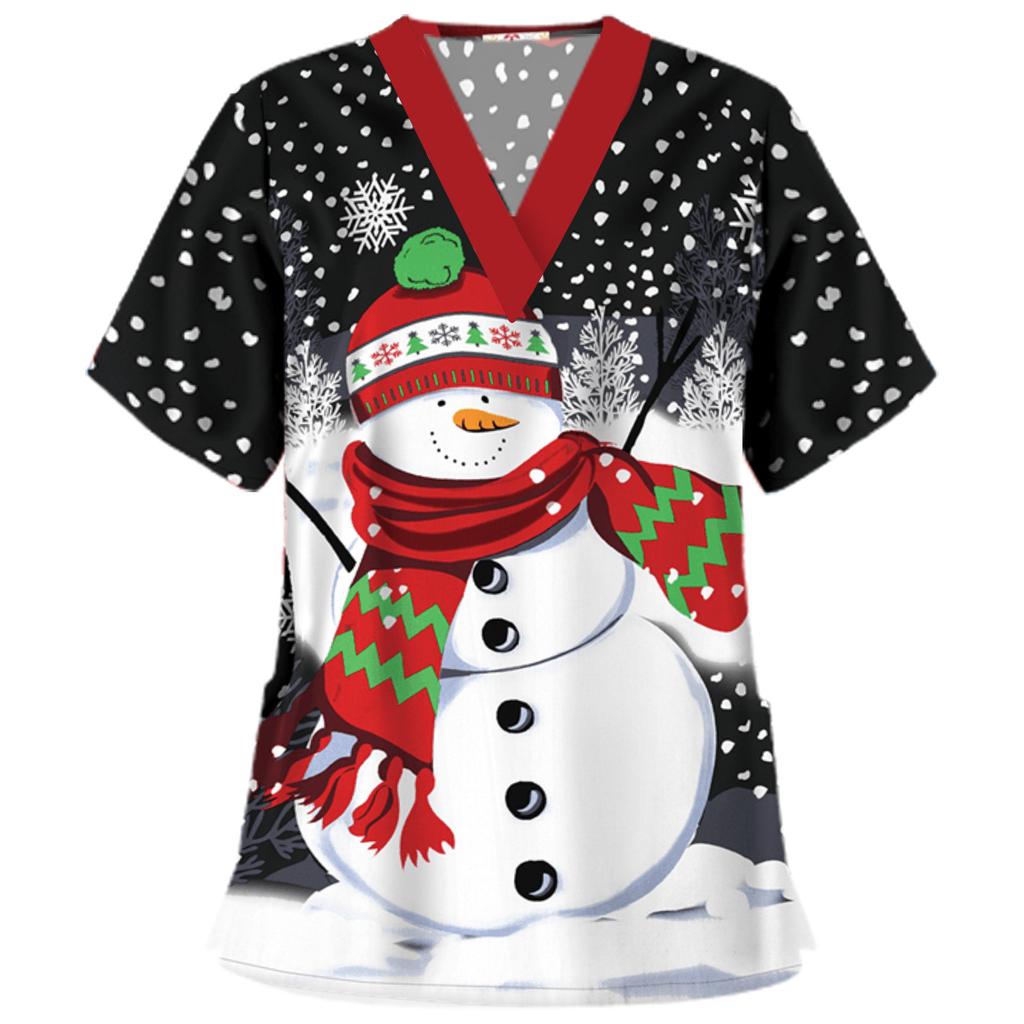 Women Short Sleeve V-neck Tops Working  Christmas Blouse