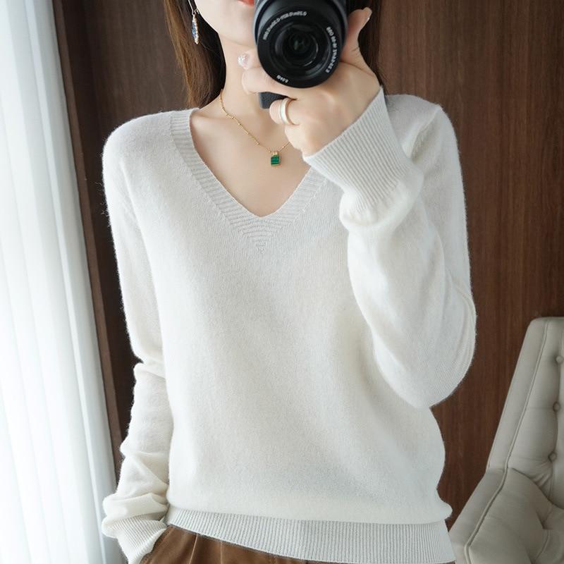 Women's Sweater Autumn Winter Knitted Pullovers V-neck Slim Fit Bottoming Shirt Solid Soft Knitwear Jumpers Basic Sweaters