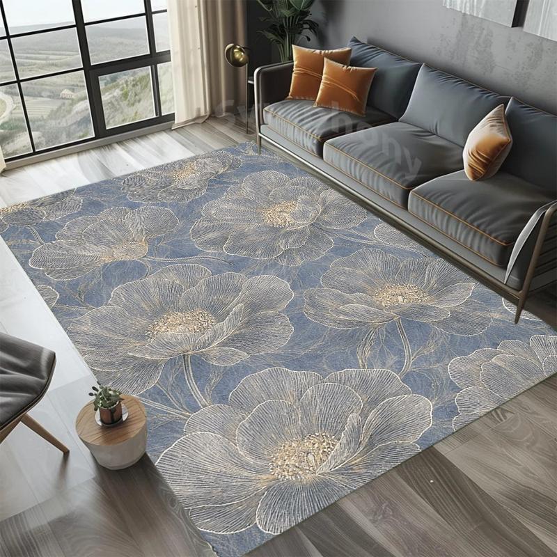 Teal Gold Leaf Area Rug Modern Abstract Botanical Pattern Non-Slip Stain Resistant Carpet for Living Room Bedroom Entryway