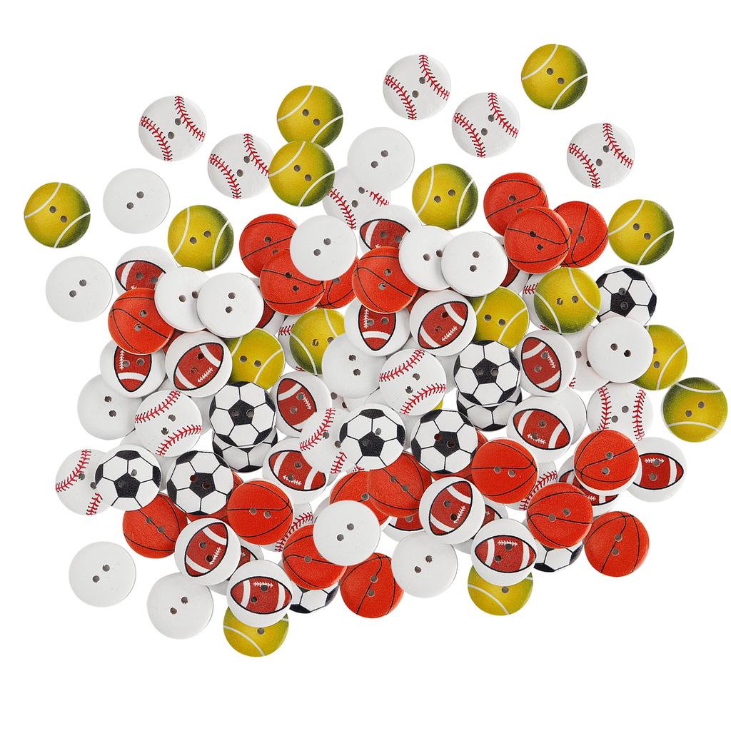 100Pcs Wooden Buttons 2‑Hole Round Shape Basketball Football Mixed Pattern Sewing Buttons