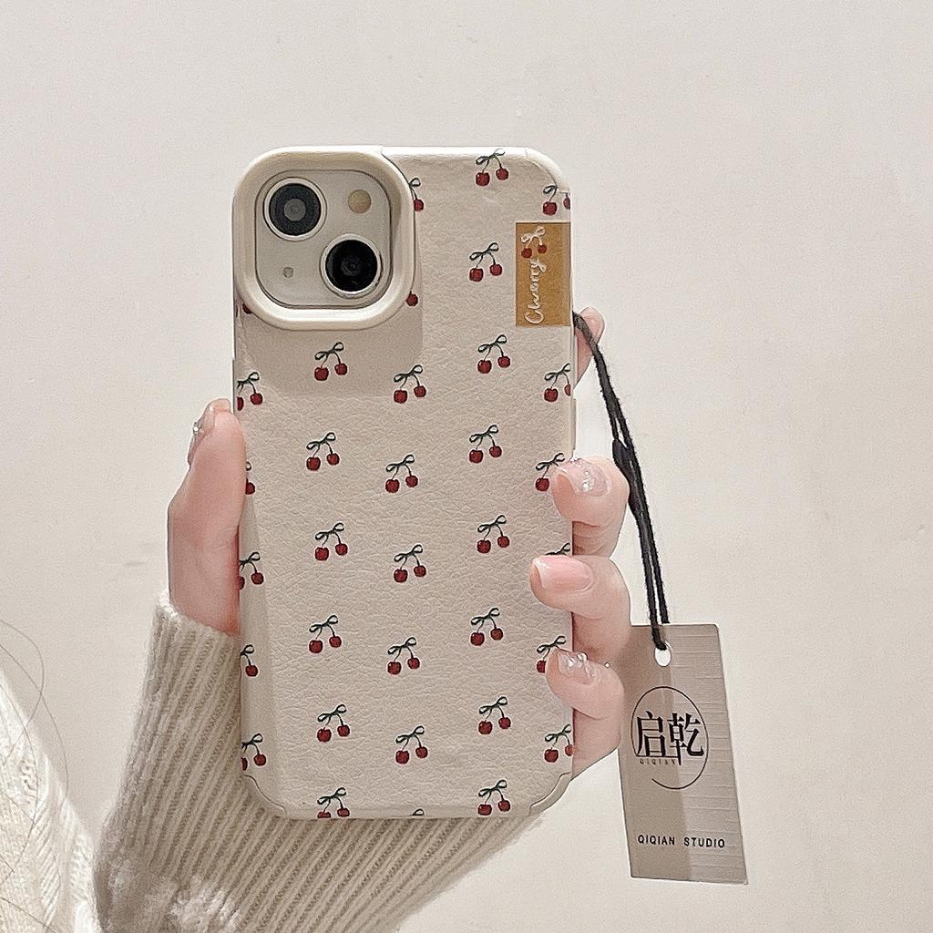 White Leather Wine-red Cherry IPhone 15 Phone Case Suitable for Apple 14/13 Promax Soft Shell