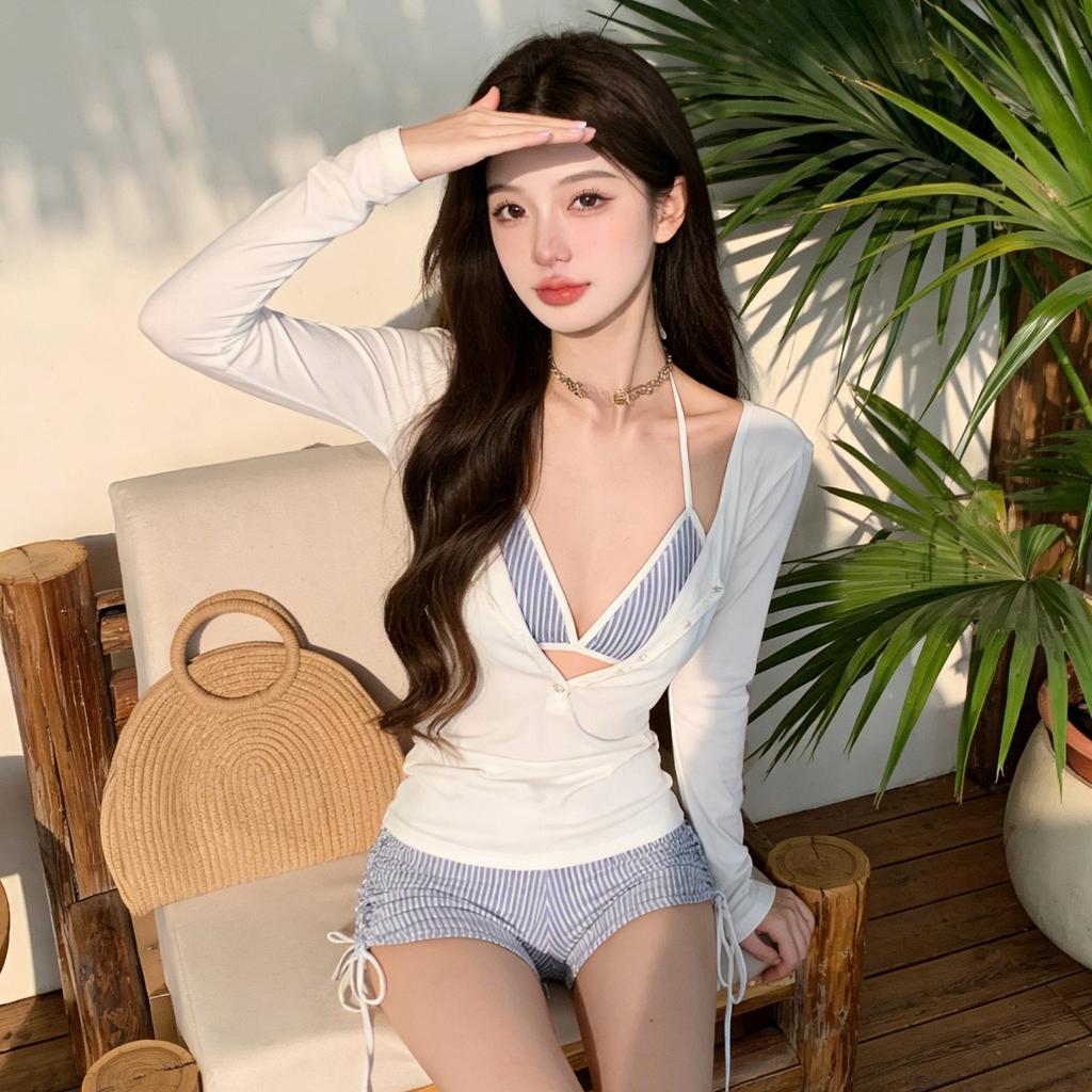 [Senior Sister Navy Style} Striped bikini long-sleeved blouse pure desire to look thin hot spring seaside vacation swimsuit women