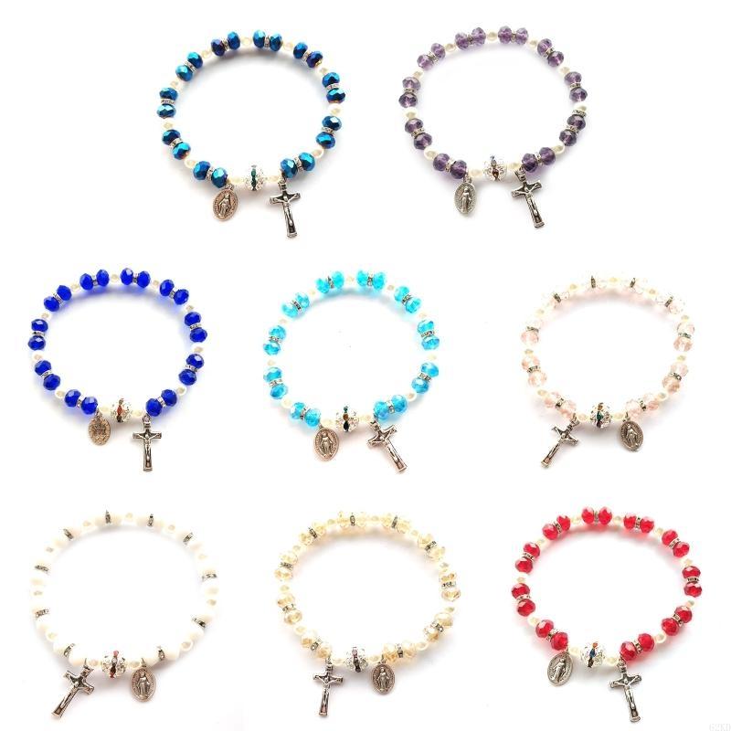 62KD Beaded Stretch Rosary Bracelet Religious for Cross Bracelet Green Crystal Bead