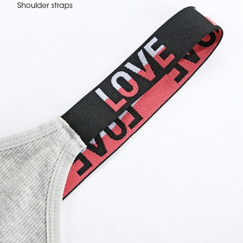 TERMEZY Women Push Up Bra Set Sexy Letter Sport Vest Bra Low Waist Thong Set Wire Free Bralette Lingerie Cotton Underwear Set