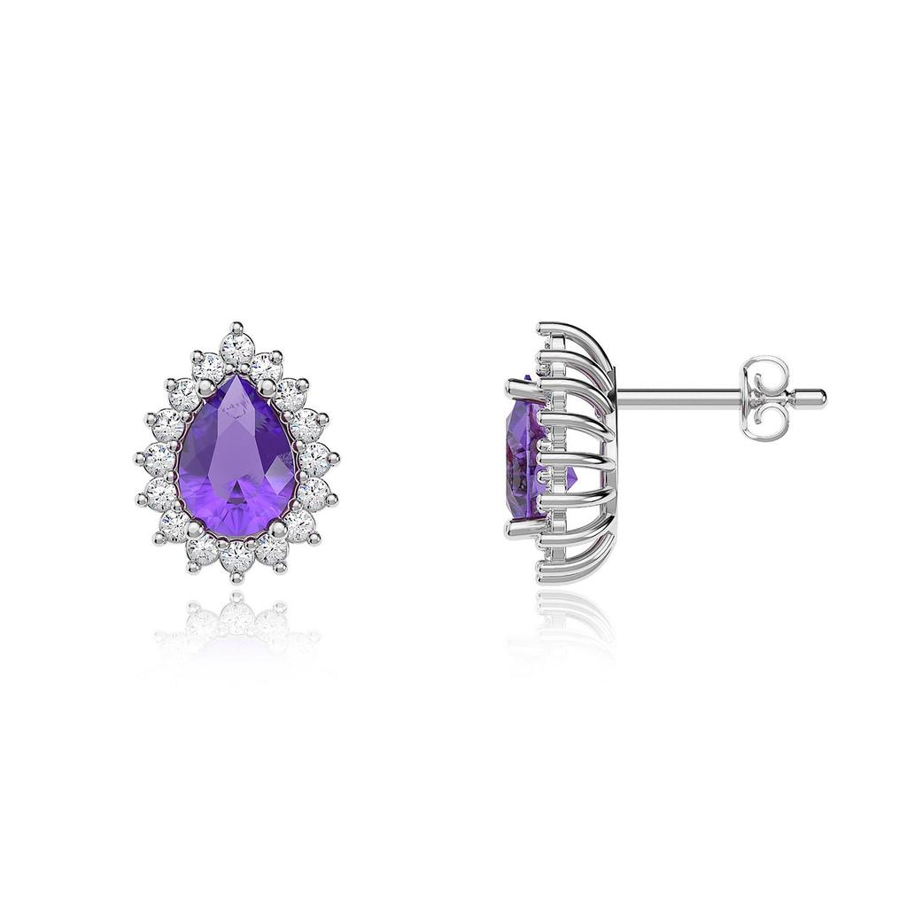 Drop Amethyst Stone Anturage Diamond Mount White Silver Triple Set Ожерелье Серьги Кольцо