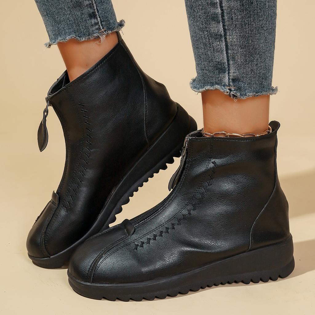 Fashion Autumn and Winter New Padded Warm Cotton Shoes Middle-aged Mother Ankle Boots Casual Flat Bottom Comfortable Front Zipper Botas