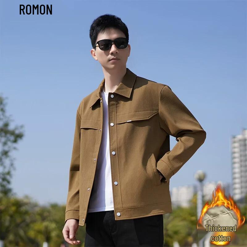 ROMON Men's Business-Casual Textured Lapel Long-Sleeve Shirt