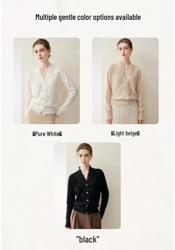 100% Pure Cashmere Women's V-Neck Tassel Lace Knit Cardigan, 2026 Autumn/Winter Slim-Fit Outerwear