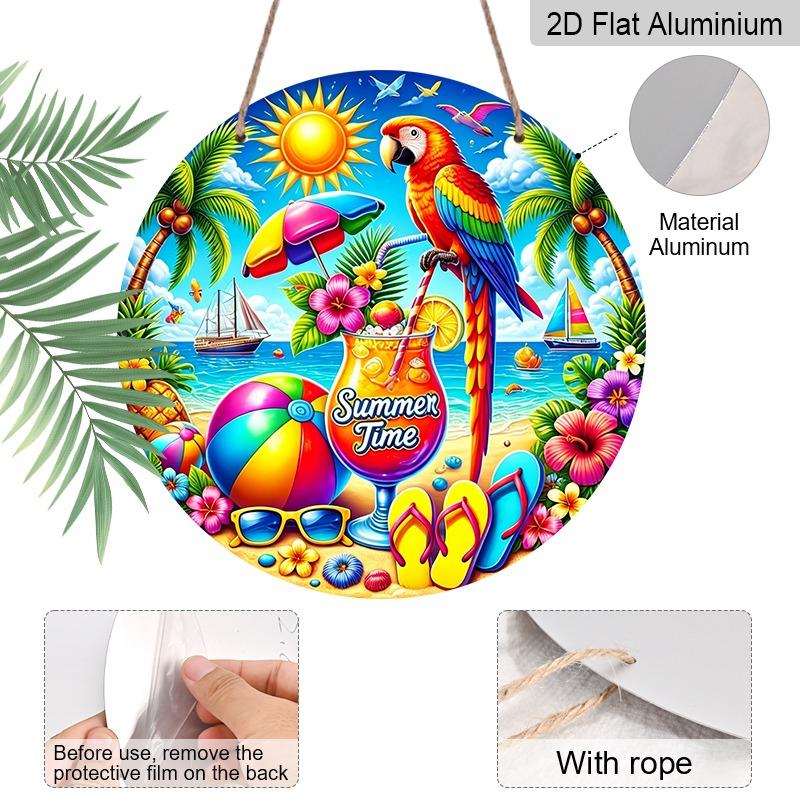 2D Flat Aluminum "Summer Moments" Decorative Signs and Plaques, Available in Various Sizes. Tropical Parrot Beach Pattern Metal Wall Decorations