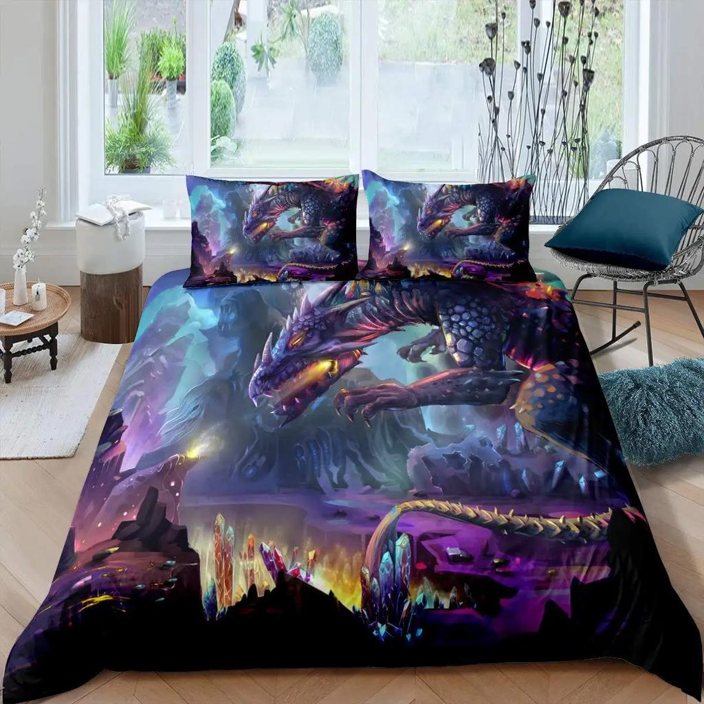 Dragon Duvet Cover Sets King/Queen Size 3D Flying Dragon with Wings Blue Fire Bedding Set Animal 2/3pcs Polyester Quilt Cover