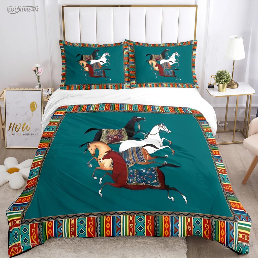 Fashion Ethnic Frame Horse Duvet Cover Comforter Bedding Set Soft Quilt Cover and Pillowcases for Teens Single/Double/Queen/King