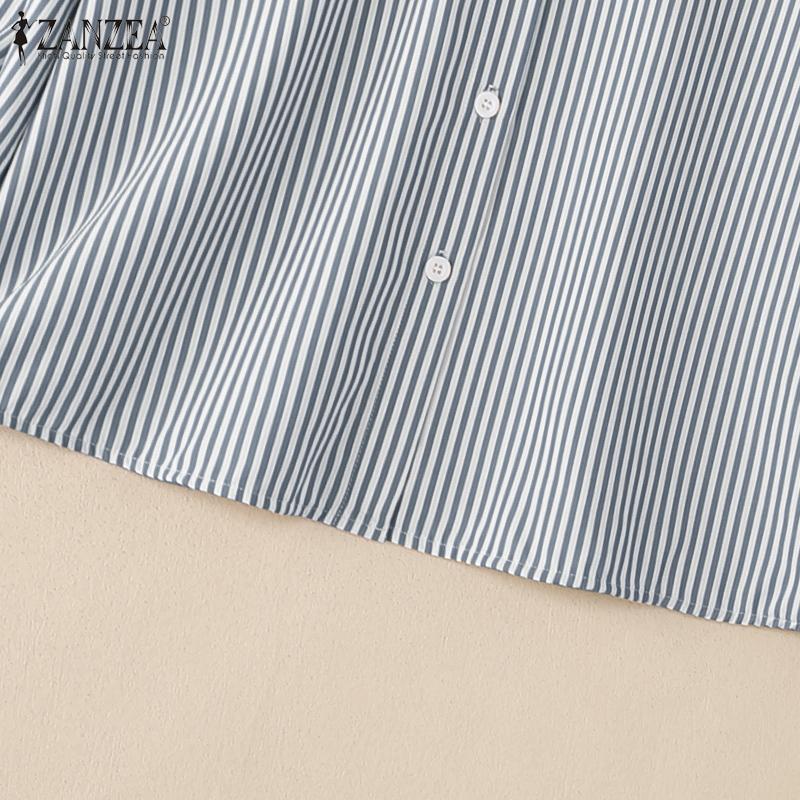 ZANZEA Женская повседневная блузка в полоску с отложным воротником и свободными длинными рукавами