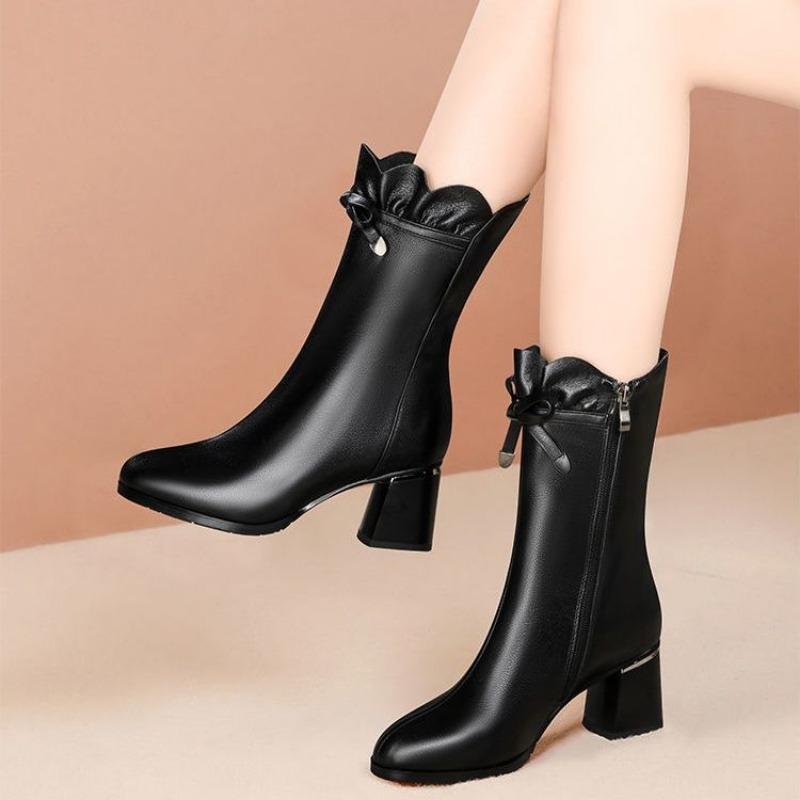Fashion Half High Boots for Women Middle Heel Pointed Toe White Leather Mid Calf Shoes Woman Quality Y2k Trend 2024 Winter Novelty Sale
