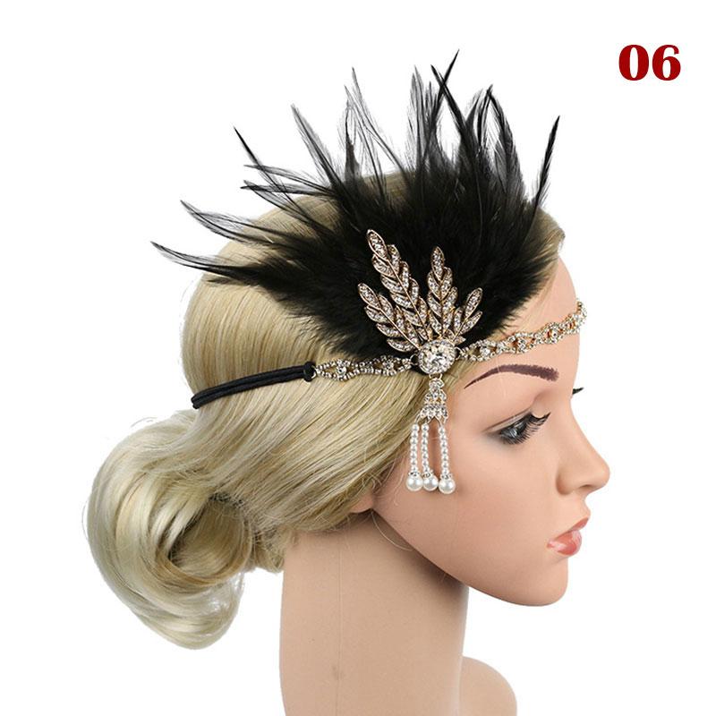 Women Beaded Flapper Hair Accessories Rhinestone Sequin Performance Headwear Elastic Indian Vintage Masquerade Feather Headband