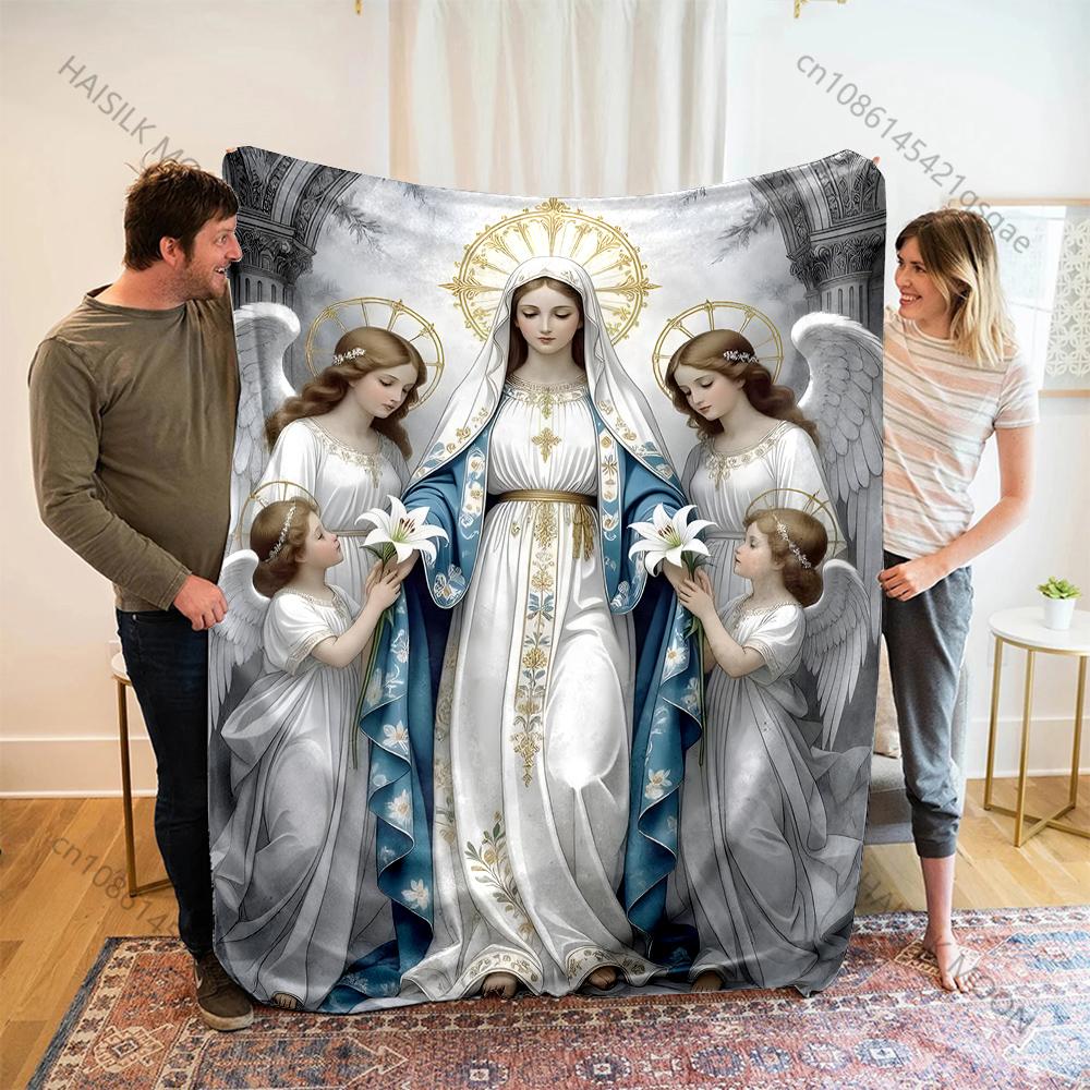 Virgin with angels surrounding Print Blanket Warm Soft Fluffy Kids and Adult Sofa Bed Throw Blanket Outdoor Travel Camping RV