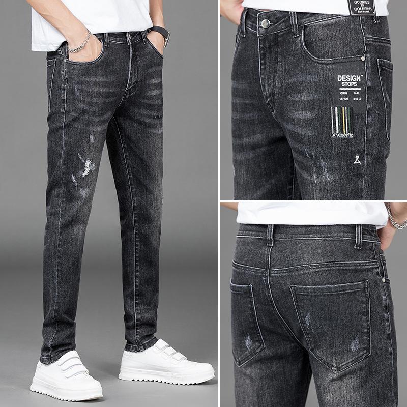 Thin New Jeans Black Men's Trousers Broken Jeans Trend Casual Trousers
