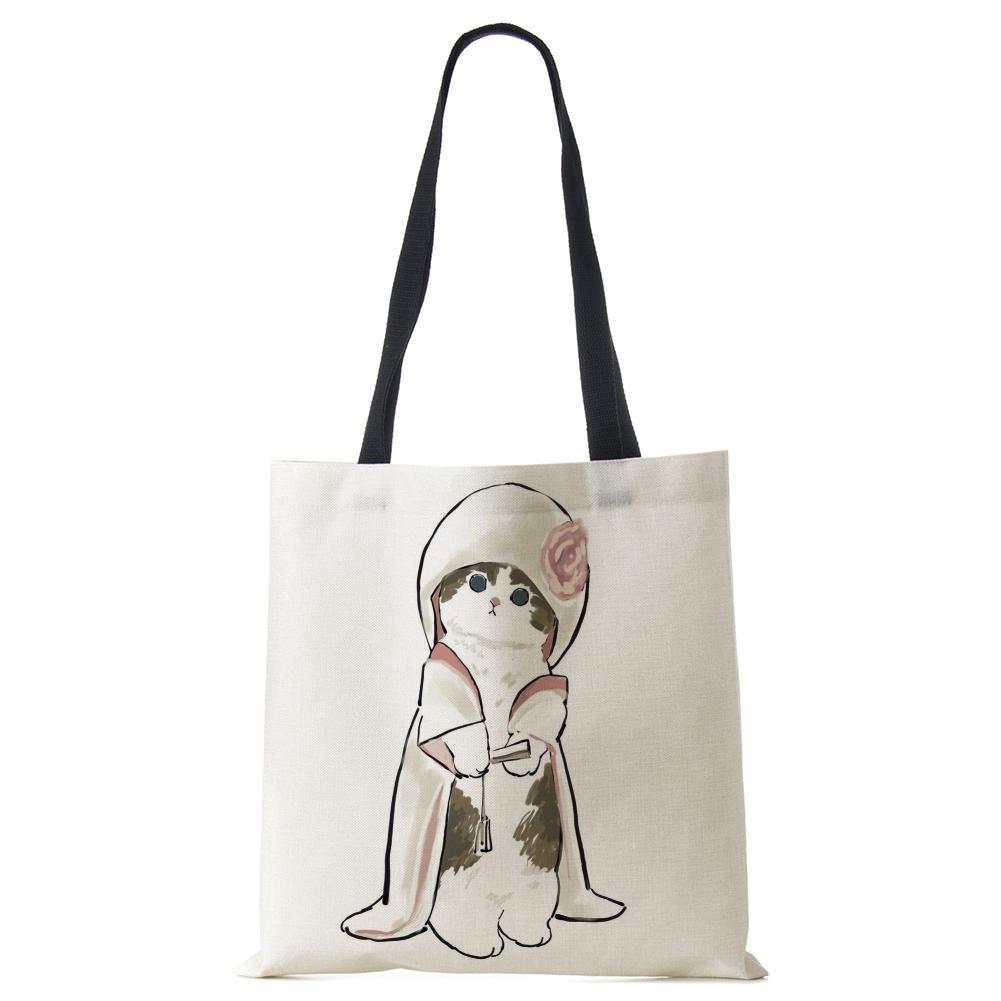 Женская сумка с милым животным кошачьим принтом, повседневная складная сумка-тоут для покупок в стиле Харадзюку, многоразовые сумки на плечо большой емкости