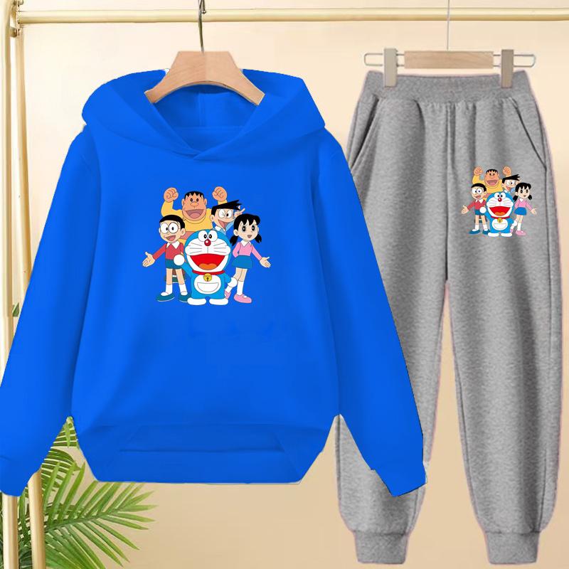 Doraemon Winter Warm Children's Hoodie Set, Casual Sporty Hooded Long Shirt and Long Pants Suitable for Boys Girls Aged 3 to 12