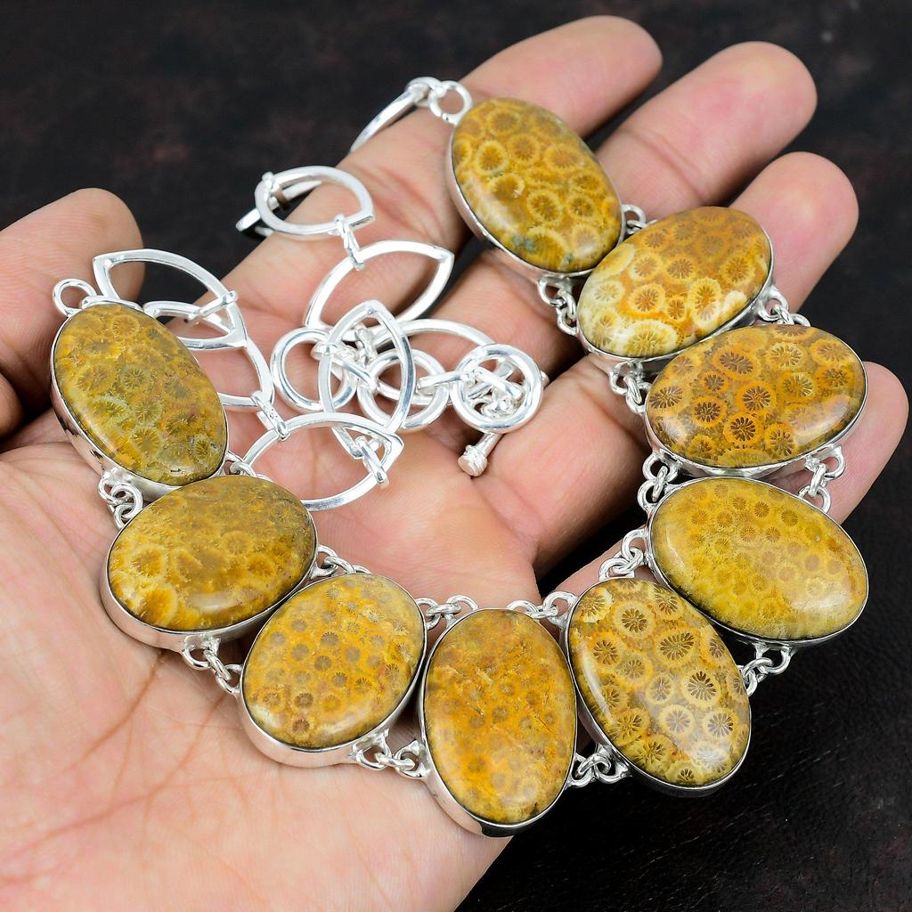 Ожерелье из ископаемого коралла, ожерелье из стерлингового серебра 925 пробы, регулируемая цепочка, ожерелье, ювелирные изделия из ископаемого коралла, драгоценных камней, ожерелье ручной работы, подарки для мамы