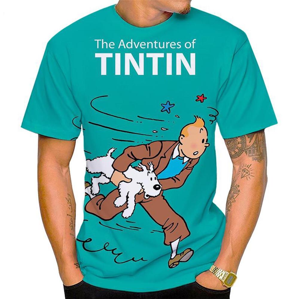 Мужская повседневная футболка с круглым вырезом и 3D-мультяшным принтом 'Приключения Тинтина'