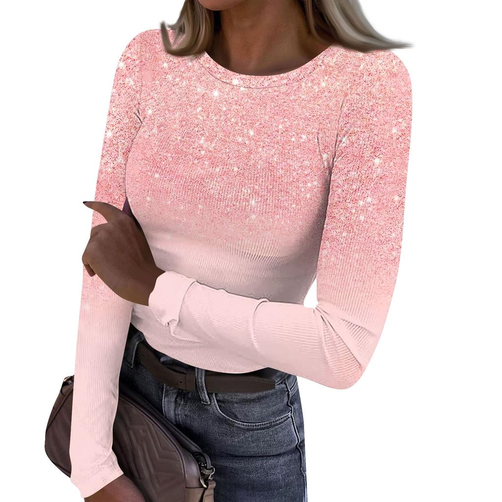 Women's Autumn And Winter Slim Bottom T-shirt Fashion Casual Gradient Printing Round Neck Pullover Long Sleeve Top