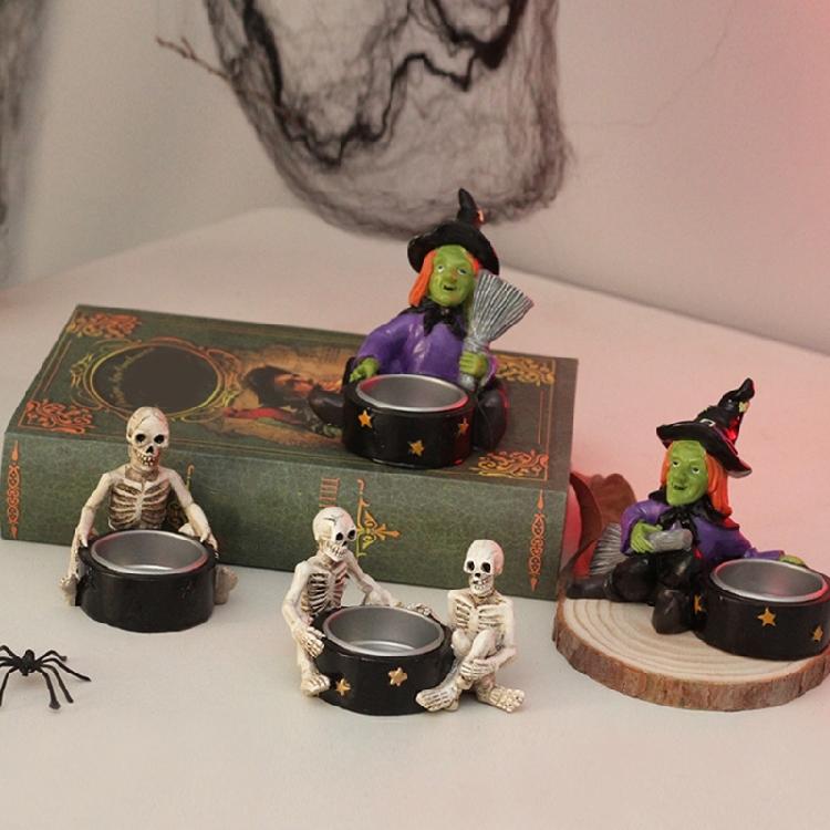 Halloween Candlestick Horror Theme Witch Skull Candle Support,Resin Candle Holder for Coffee Shops and Event