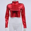Женский клубный топ из глянцевой искусственной кожи с высоким воротником, однотонный, с открытой талией, с длинными рукавами, узкий пуловер, эластичный эластичный пуловер для ночного клуба, сценическое шоу, вечеринка