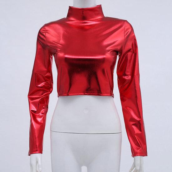 Женский клубный топ из глянцевой искусственной кожи с высоким воротником, однотонный, с открытой талией, с длинными рукавами, узкий пуловер, эластичный эластичный пуловер для ночного клуба, сценическое шоу, вечеринка