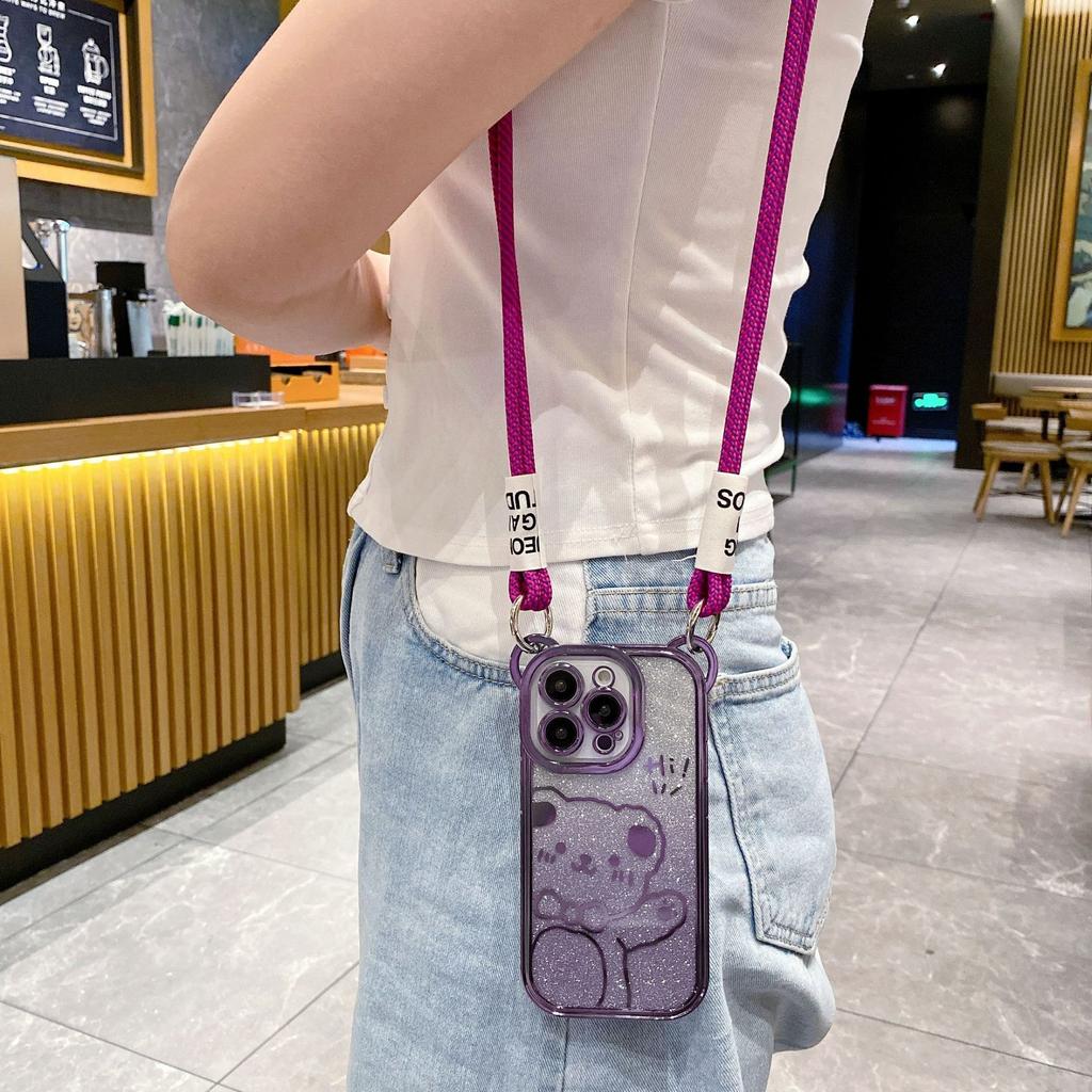 Crossbody Compatible iPhone 14 Case Apple 15 Cute Bear Electroplated Glitter 16 Full Coverage 13 Lanyard Phone Case