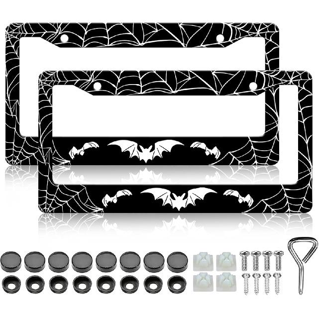 Bat License Plate Frames- 2 Pack Spider Web Goth Gothic Aluminum Metal License Plate Holder Covers Car Accessory, Rust-Proof Waterproof Car
