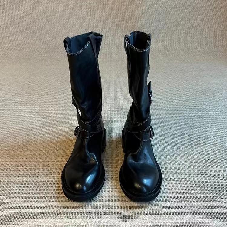 Версия из коровьей кожи~ ретро пряжка на ремне полусапоги ковбойские сапоги в западном стиле облегающие на толстой подошве сапоги для жарки улицы женские рыцарские сапоги