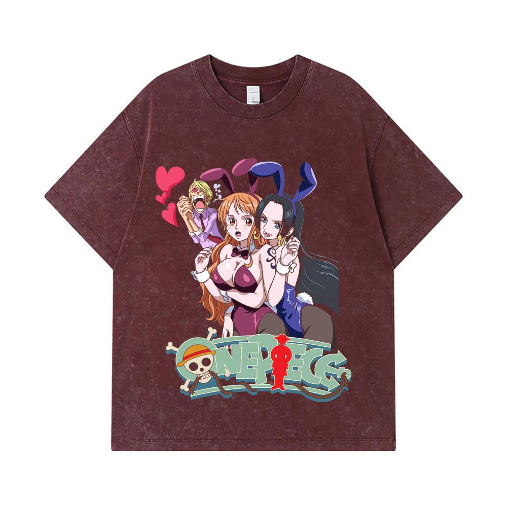Стиранные футболки 275 г/м² 100% Хлопок One Piece V53 Нами Боа Принт Унисекс Тяжелая Хлопковая Футболка