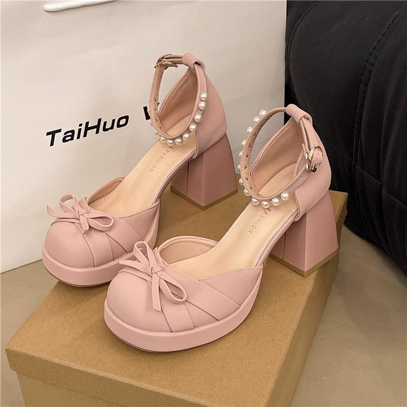 Французские босоножки на толстом каблуке с бантом женские 2025 лето маленький квадратный носок бант сумка на носке супер высокий каблук женские